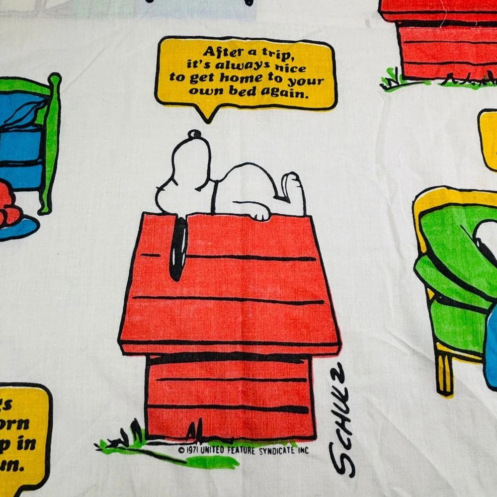 Vintage Peanuts Sleeping Quotes Twin Flat Sheet JCPenney 1971 Snoopy Charlie‎